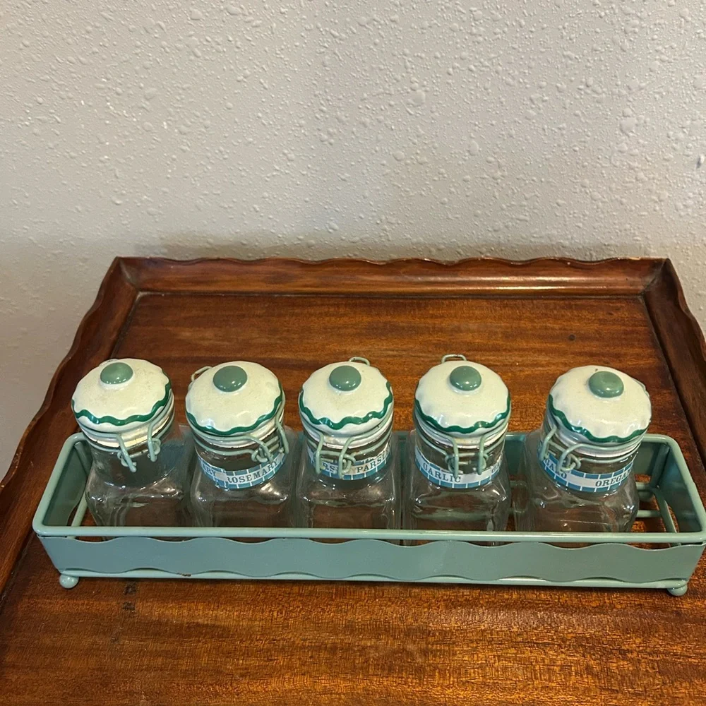 Vintage Aqua Ceramic-Top Spice Jar Set with Carrier